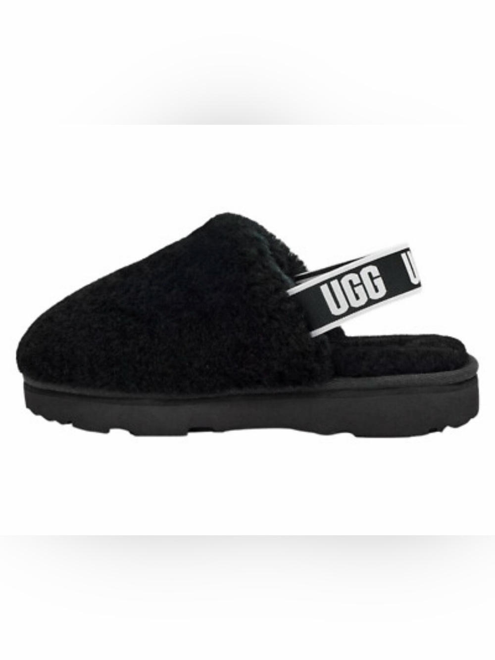 UGG FLUFF YEAH SLIDE BLACK FUZZY SLIPPER WITH BACK STRAP -Size 6 US
